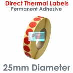 025DIADTNPR1-4000, 25mm Diameter Circle, Red, Direct Thermal Labels, Permanent Adhesive, 4,000 per roll, For Larger Label Printers