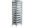 Adjustable Mobile Tray rack complete with 10 x Euro containers 120mm high (200kg)
