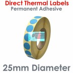 025DIADTNPB1-4000, 25mm Diameter Circle, Blue, Direct Thermal Labels, Permanent Adhesive, 4,000 per roll, For Larger Label Printers