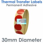 030DIATTNPR1-2000, 30mm Diameter Circle, RED, Thermal Transfer Labels, Permanent Adhesive, 2,000 per roll, FOR SMALL DESKTOP LABEL PRINTERS