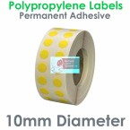 010DIAGPNPY2-5000, 10mm Diameter 2 Across, Gloss Yellow Polypropylene Label, Permanent Adhesive, 5,000 per roll, FOR SMALL DESKTOP LABEL PRINTERS