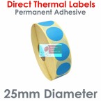 025DIADTNPB1-2000, 25mm Diameter Circle, Blue, Direct Thermal Labels, Permanent Adhesive, 2,000 per roll, FOR SMALL DESKTOP LABEL PRINTERS