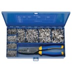 Steel assortment box with cable end-sleeves and crimping tool