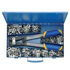 Steel assortment box with DIN compression cable lugs and crimping tool