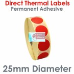 025DIADTNPR1-2000, 25mm Diameter Circle, Red, Direct Thermal Labels, Permanent Adhesive, 2,000 per roll, FOR SMALL DESKTOP LABEL PRINTERS