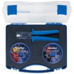 Plastic assortment box with Insulated cable end-sleeves and crimping tool