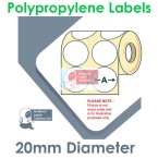 020DIAGPNPW2-10000, 20mm Diameter Gloss White Polypropylene Label, 2 Across, Permanent Adhesive, 10,000 per roll FOR LARGER LABEL PRINTERS