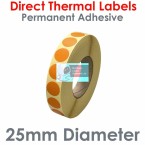 025DIADTNPO1-4000, 25mm Diameter Circle, Orange, Direct Thermal Labels, Permanent Adhesive, 4,000 per roll, For Larger Label Printers