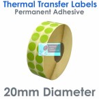 020DIATTNPG2-10000, 20mm Diameter Circle 2 Across, GREEN, Thermal Transfer Labels, Permanent Adhesive, 10,000 per roll, FOR LARGER LABEL PRINTERS