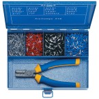 Steel assortment box with Insulated cable end-sleeves and crimping tool