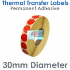 030DIATTNPR1-5000, 30mm Diameter Circle, RED, Thermal Transfer Labels, Permanent Adhesive, 5,000 per roll, FOR LARGER LABEL PRINTERS