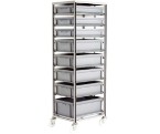 Adjustable Mobile Tray rack complete with 8 x Euro containers&#44; mixed heights (200kg)