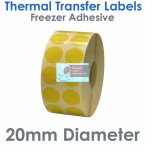 020DIATTNFY2-5000, 20mm Diameter Circle 2 Across, YELLOW, Thermal Transfer Labels, FREEZER Adhesive, 5,000 per roll, FOR SMALL DESKTOP LABEL PRINTERS