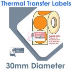 030DIATTNPO1-5000, 30mm Diameter Circle, ORANGE, Thermal Transfer Labels, Permanent Adhesive, 5,000 per roll, FOR LARGER LABEL PRINTERS