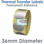 036DIATTNPS1-1000, 36mm Diameter Circle, Silver, Thermal Transfer Labels, Permanent Adhesive, 1,000 per roll, FOR SMALL DESKTOP LABEL PRINTERS