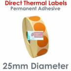 025DIADTNPO1-2000, 25mm Diameter Circle, Orange, Direct Thermal Labels, Permanent Adhesive, 2,000 per roll, FOR SMALL DESKTOP LABEL PRINTERS