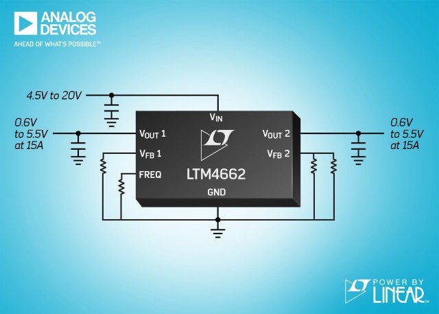 Dual 15A or Single 30A µModule Regulator with Stacked Inductor Package is 96% Peak Efficient with Excellent Thermal Performance