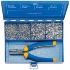 Steel assortment box with cable end-sleeves and crimping tool