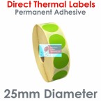 025DIADTNPG1-2000, 25mm Diameter Circle, GREEN, Direct Thermal Labels, Permanent Adhesive, 2,000 per roll, FOR SMALL DESKTOP LABEL PRINTERS