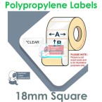 018018CPNPC1-4000, 18mm Square CLEAR Polypropylene Label, 4,000 per roll, Permanent Adhesive, For Larger Desktop Label Printers