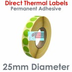 025DIADTNPG1-4000, 25mm Diameter Circle, GREEN, Direct Thermal Labels, Permanent Adhesive, 4,000 per roll, For Larger Label Printers